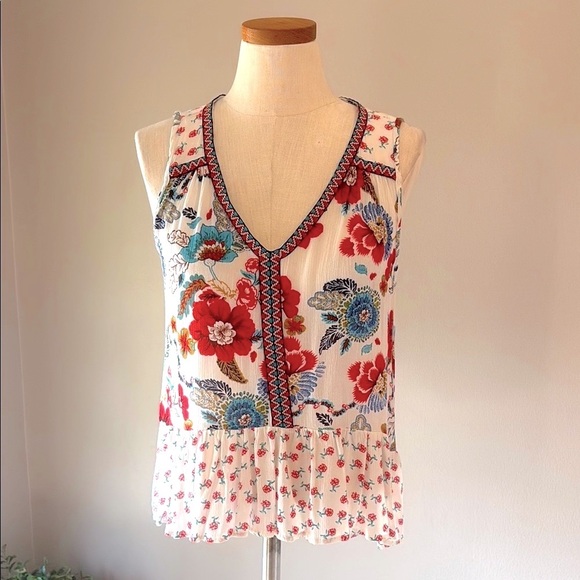 Patrons of Peace Tops - Patrons of Peace Anthropologie Floral boho babydoll top  sleeveless peplum L